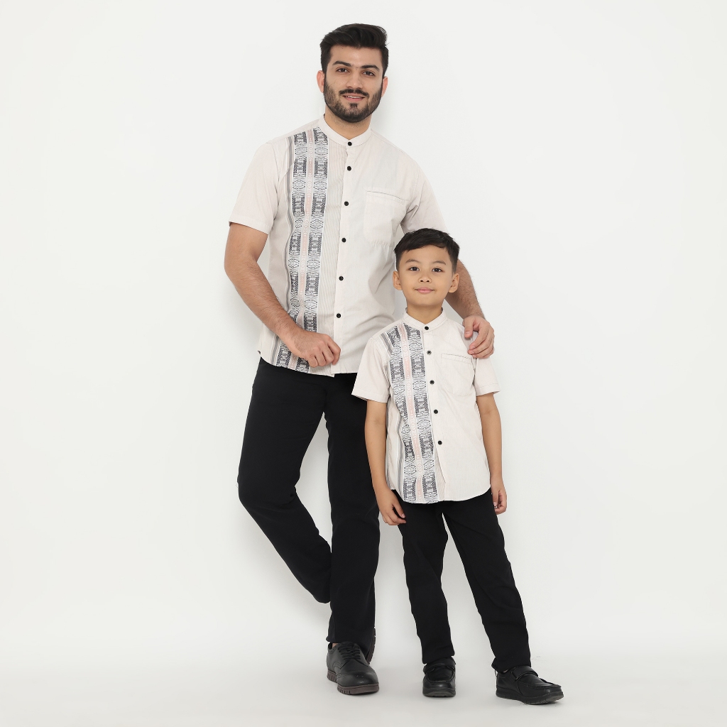 Dancus Kemeja Koko Couple Ayah Anak Lengan Pendek Motif Bordir Warna Cream OLRM351