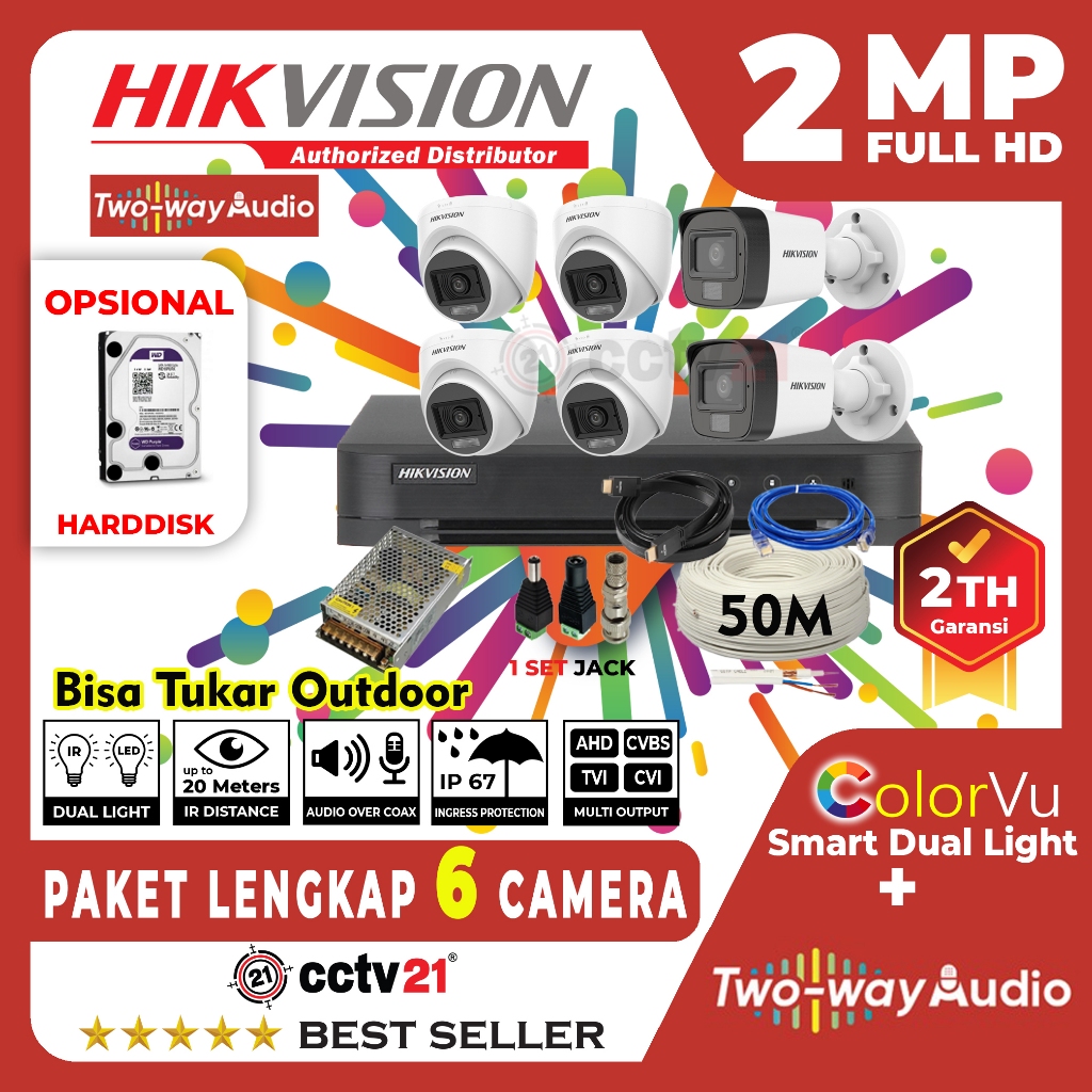Paket Lengkap CCTV MIC AUDIO HIKVISION 6CH / 6 Channel Kamera HD 2MP