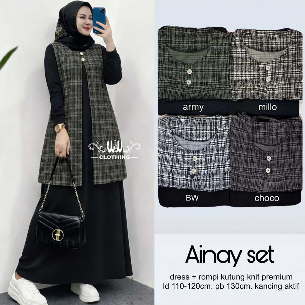 Ainay Set - Gamis Dress Set Rompi Outer Motif Kotak Kotak Kekinian Elegan Bahan Knit Premium XL