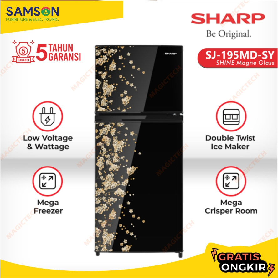 SHARP Kulkas 2 Pintu SJ-195MD-SY SHINE Magne Glass Mega Freezer Sakura Yellow SJ-195 172 L