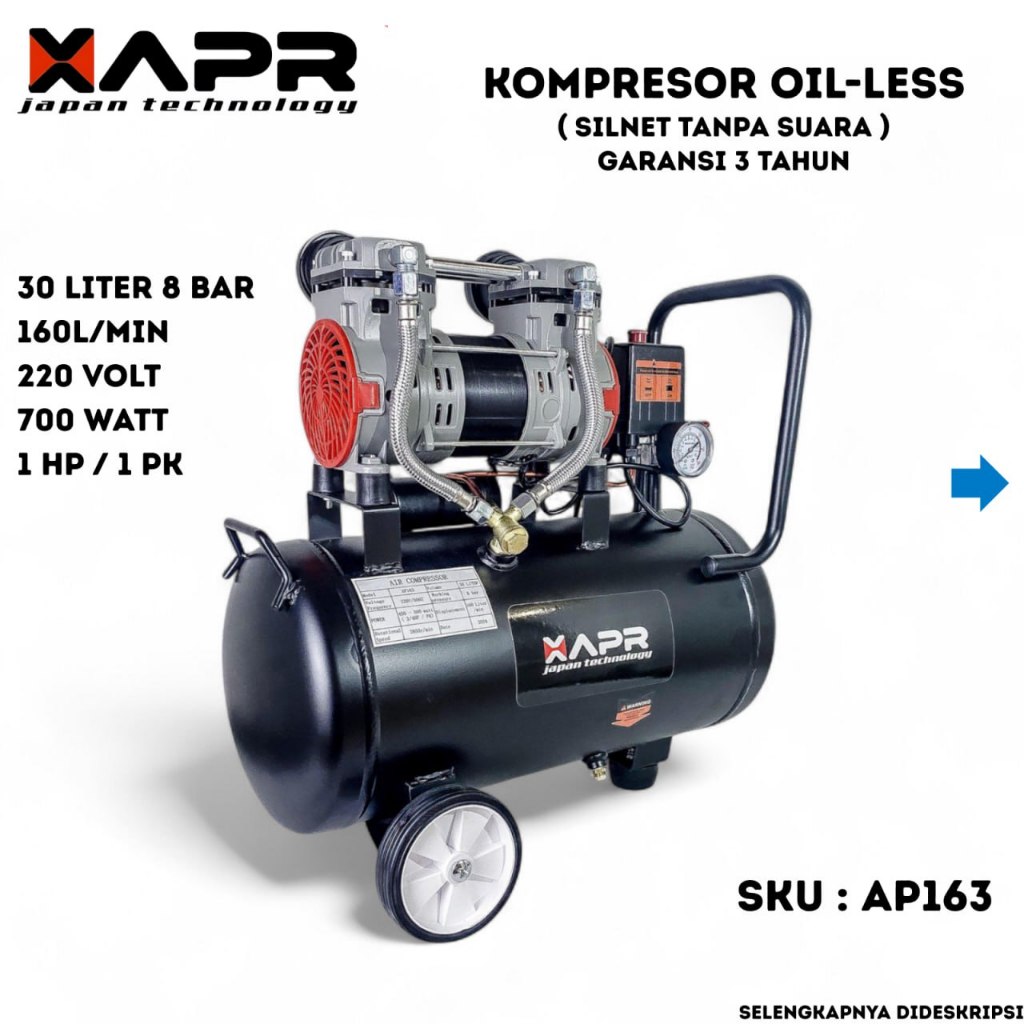 XAPR Japan AP163 Kompresor Angin 30 Liter Silent Oilless Mesin Kompresor Udara Tanpa Oli Suara Halus