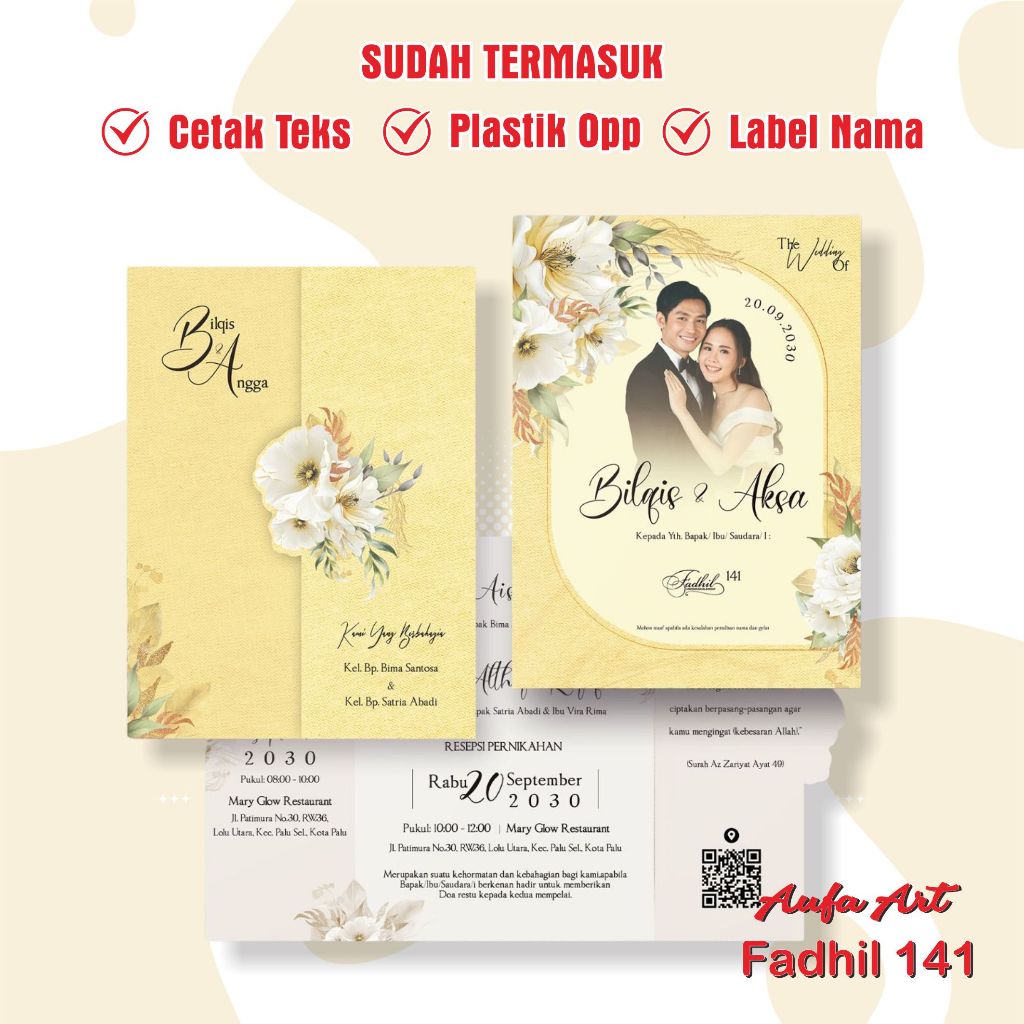 Cetak Undangan Pernikahan Murah Elegan Motif Bunga Warna Kuning Lipat 3 Fd 141 Undangan Nikah, khita