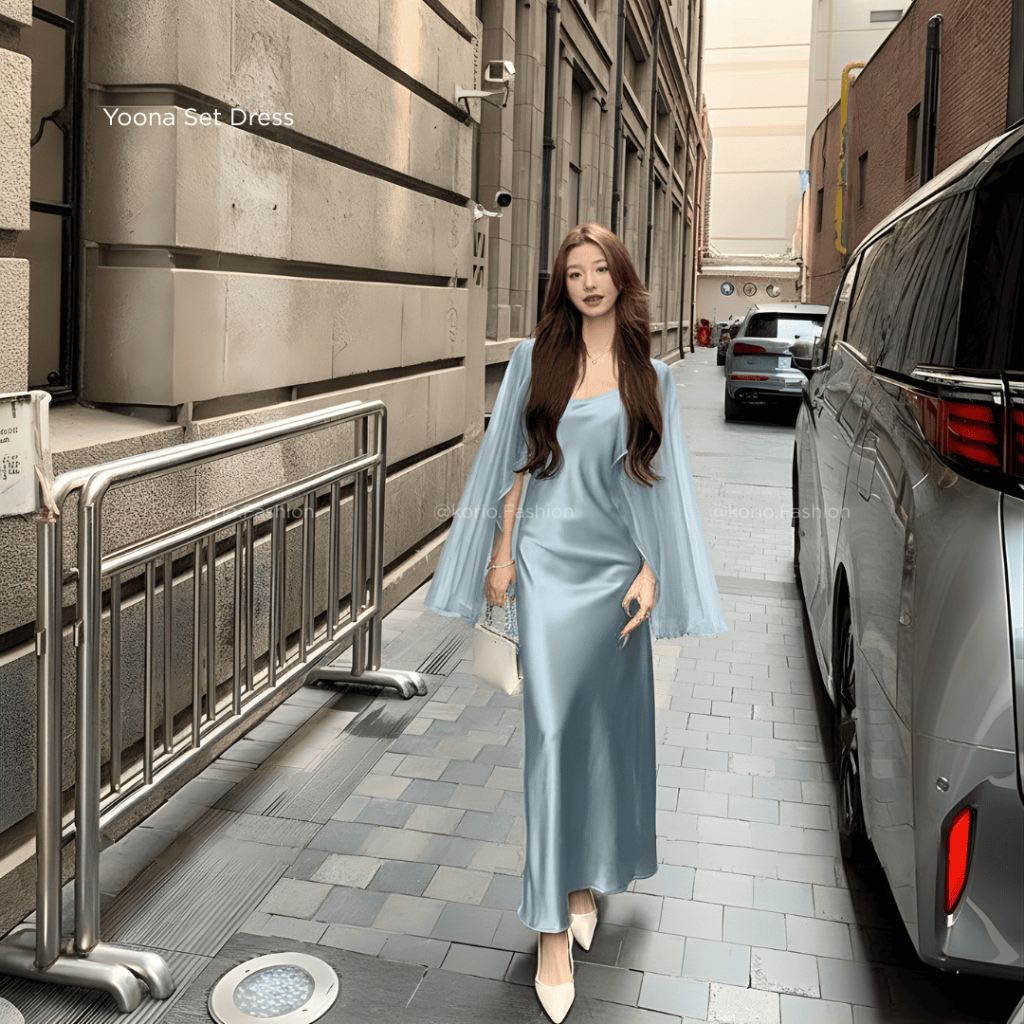 Yoona Set Dress Maxi Biru Satin Dress Silk