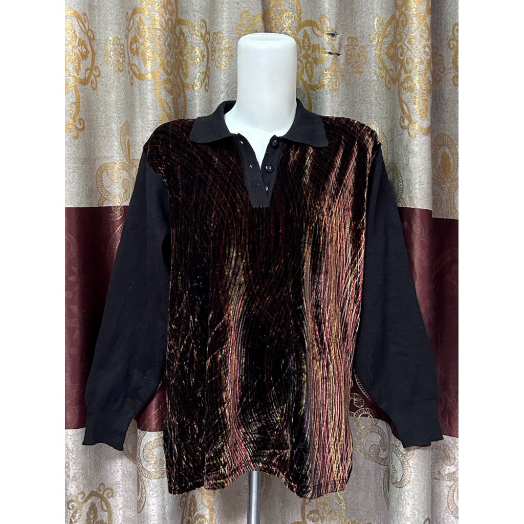 preloved baju rajut knit wanita mix velvet halus model half button berkerah / atasan wanita lengan s