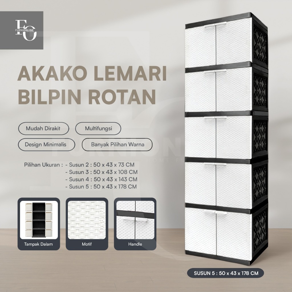 AKAKO - Lemari Jumbo Pakaian Plastik 2 Pintu Susun 2, 3, 4, dan 5 Rotan Bilpin