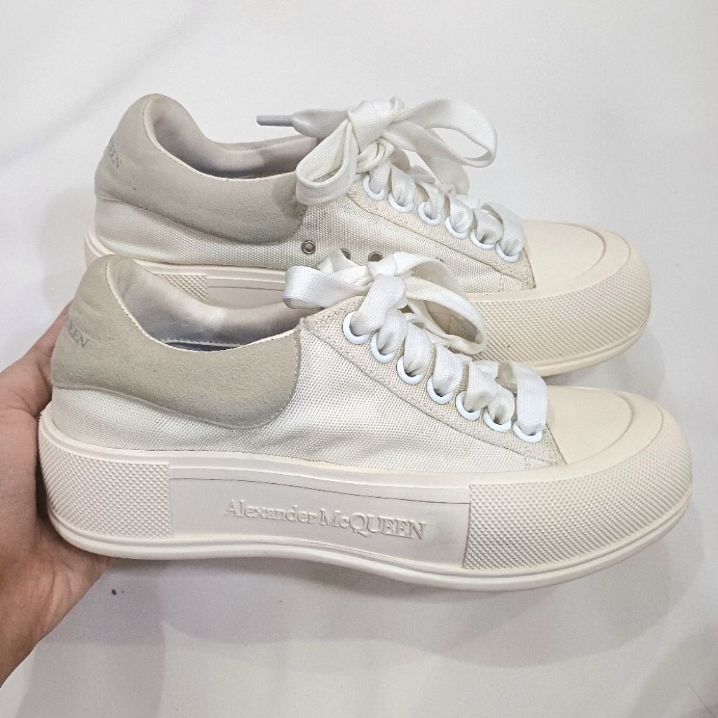Alexander McQueen Deck Plimsoll Sneakers White Cotton Canvas Suede | Sepatu Trainers Casual Cream Kr