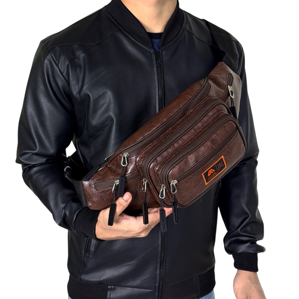 Tas Pinggang Pria Wanita Kulit PU Original Polo Amstar Resleting 7 Waistbag Tas Selempanng Casual