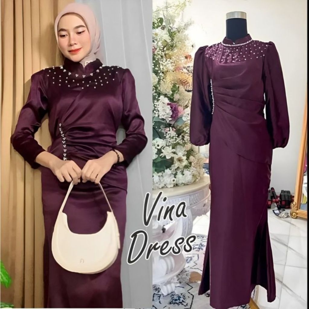 Vina Dress Burgundy | Dress kondangan Viral | Dress Muslim | Vina Dress Satin Viral | Gamis Muslim S