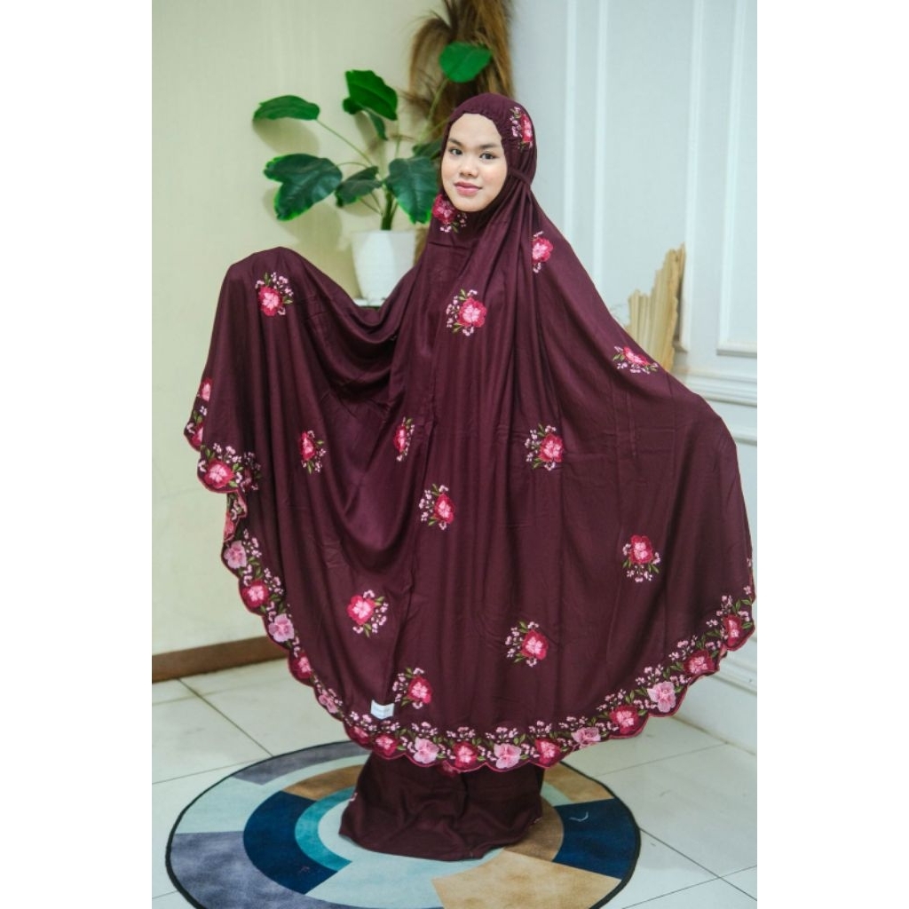 Aisha Praying Set Burgundy by Papacito Mukena Bordir Rayon Premium