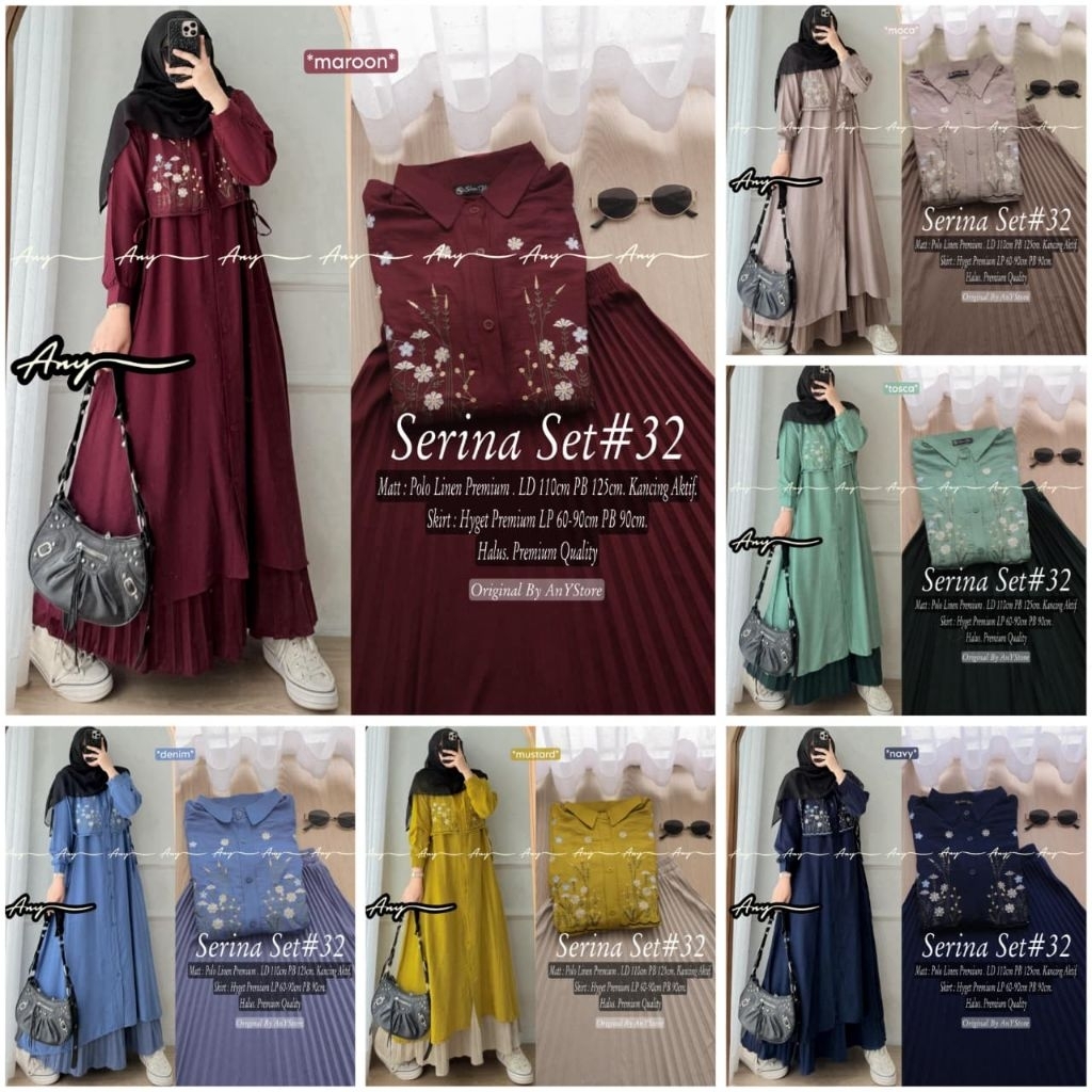 SERINA SHERINA CHENA  BY ANY STORE SET ROK PLISKET LONG TUNIK RAYON BORDIR PREMIUM ADEM SET ROK PLIS
