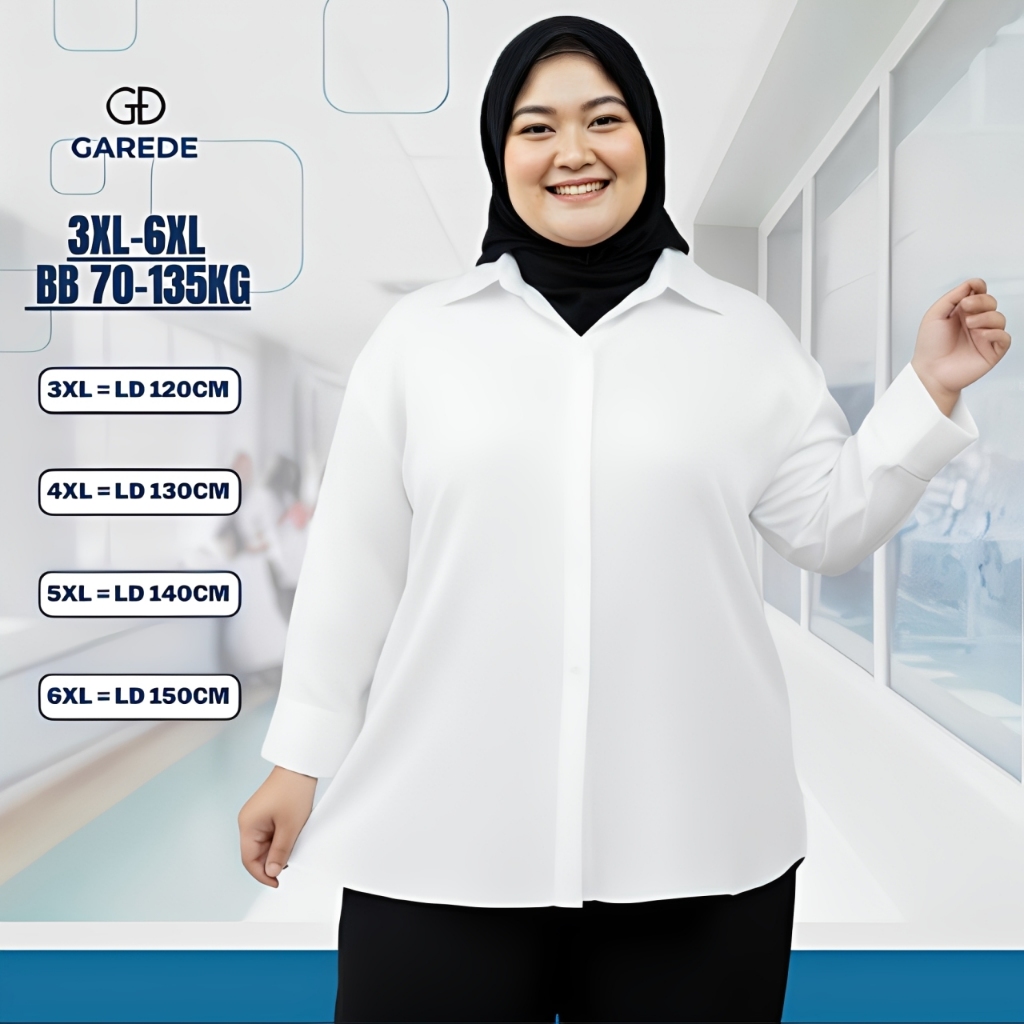 Garede - Kemeja Putih Wanita Jumbo LD 120 130 140 150 Putih Lengan Panjang Hem Baju Kerja Kantor