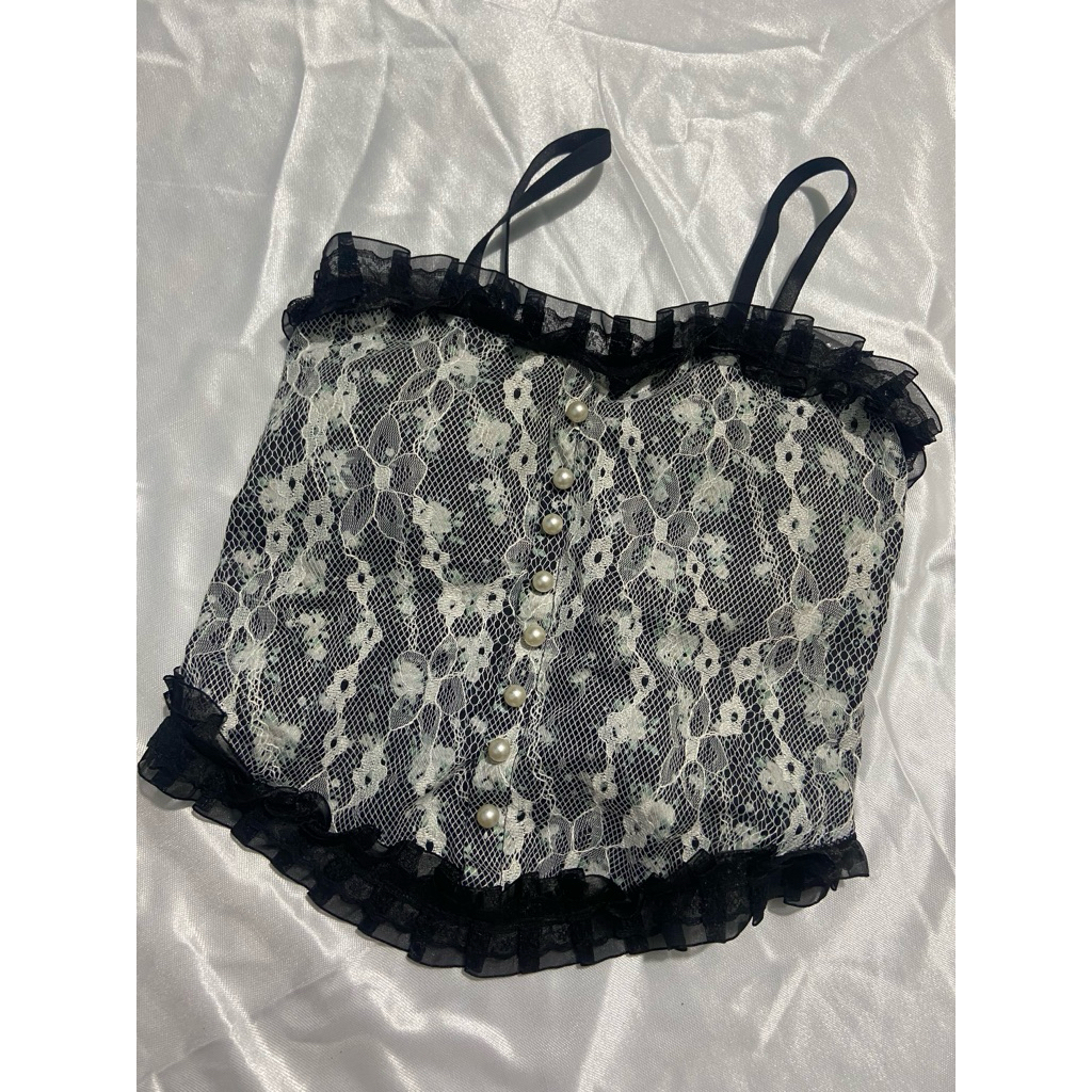Baju Tanktop Crop Top Korea Lace Vintage Motif Bunga