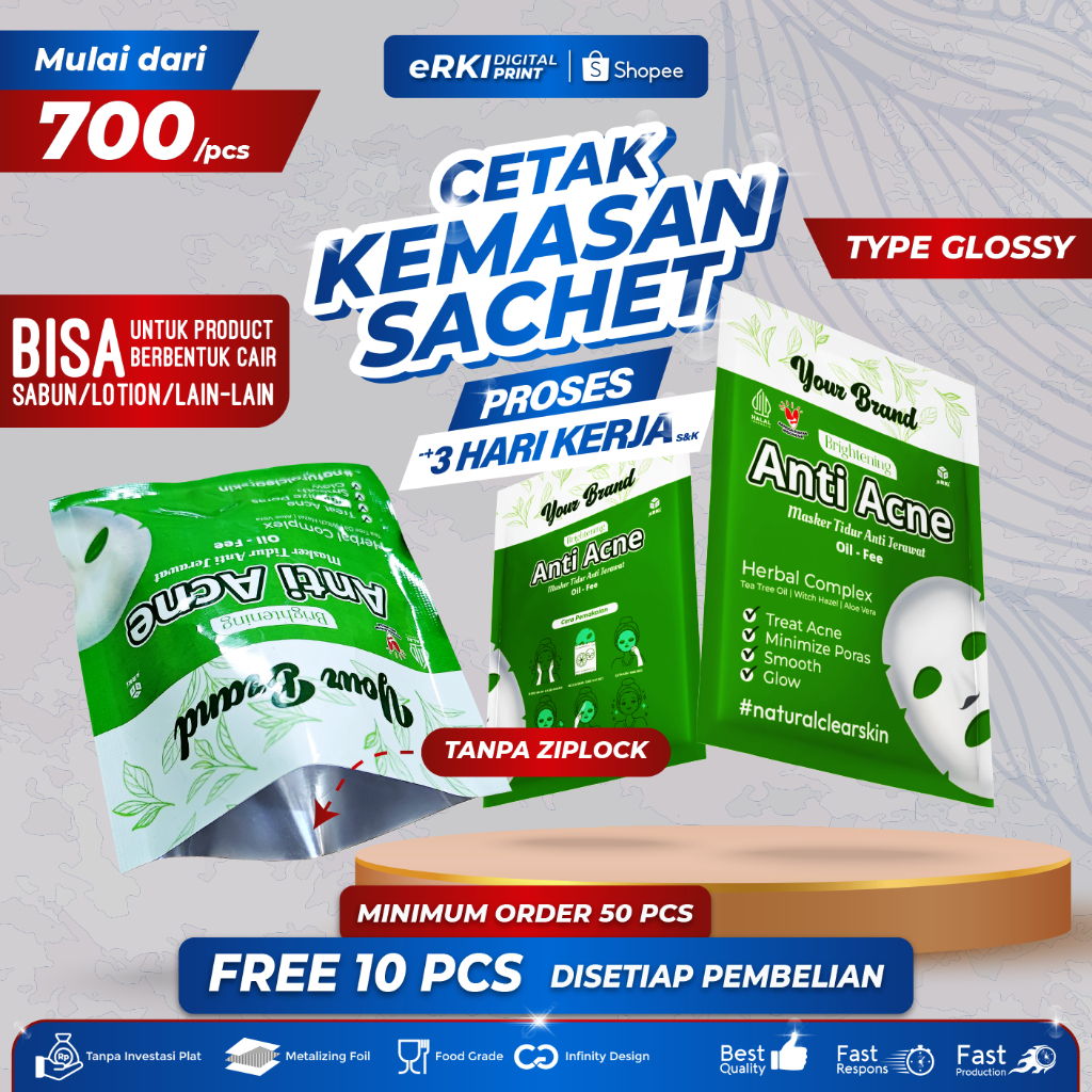 KEMASAN SACHET GLOSSY CUSTOM/ TANPA ZIPLOCK - ERKI PRINTING