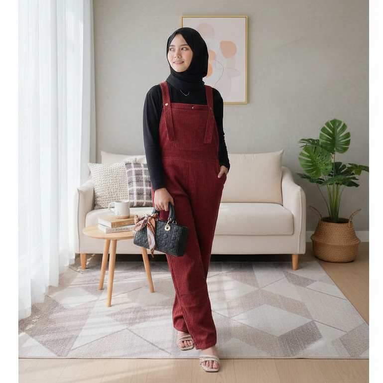 Overall Celana Panjang Lyora Jumpsuit Korean Style Baju Kodok Perempuan Bahan Corduroy Terbaru