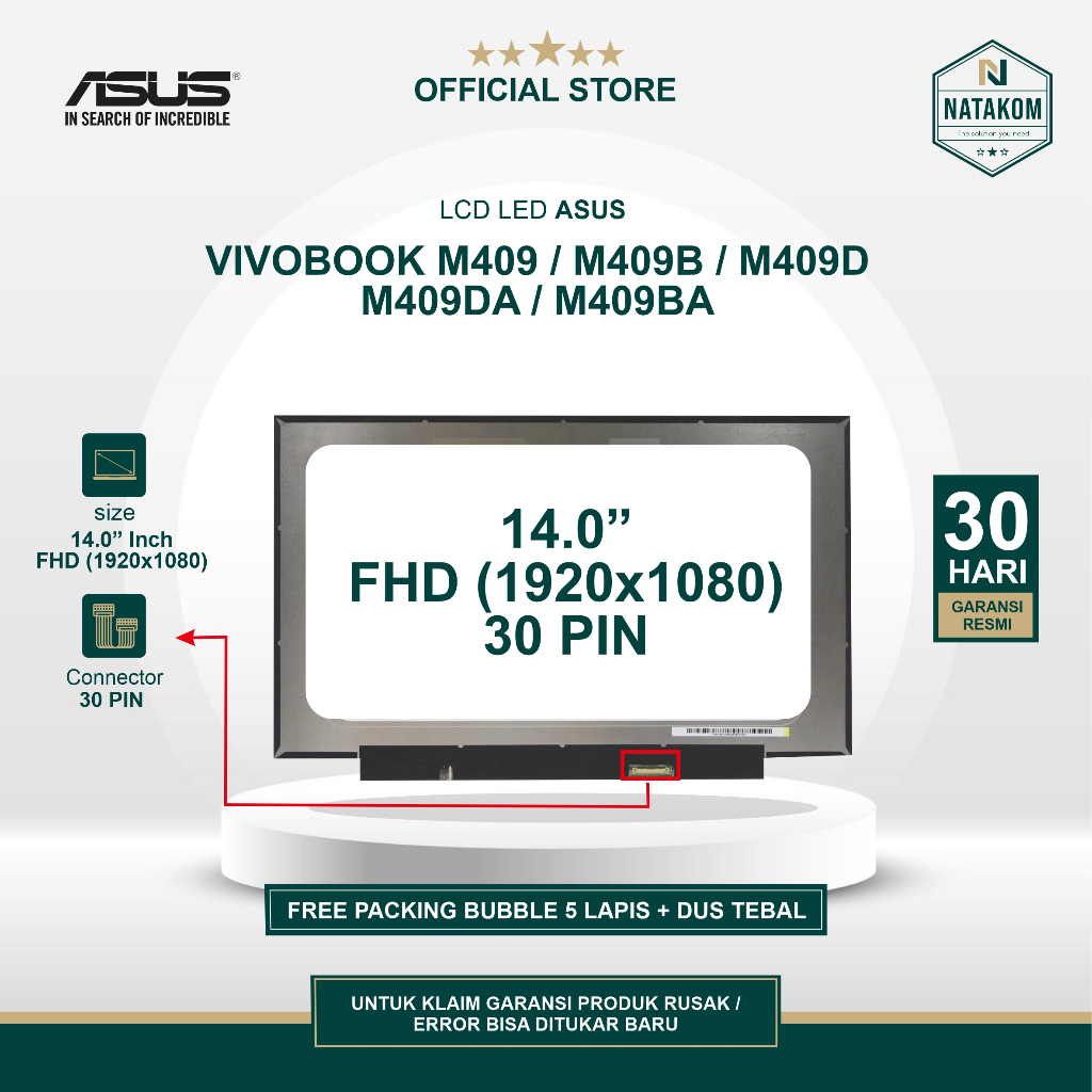 LCD LED ASUS 14" INCH HD / FHD 30 PIN VIVOBOOK M409 M409B M409D M409DA M409BA NO BRACKET
