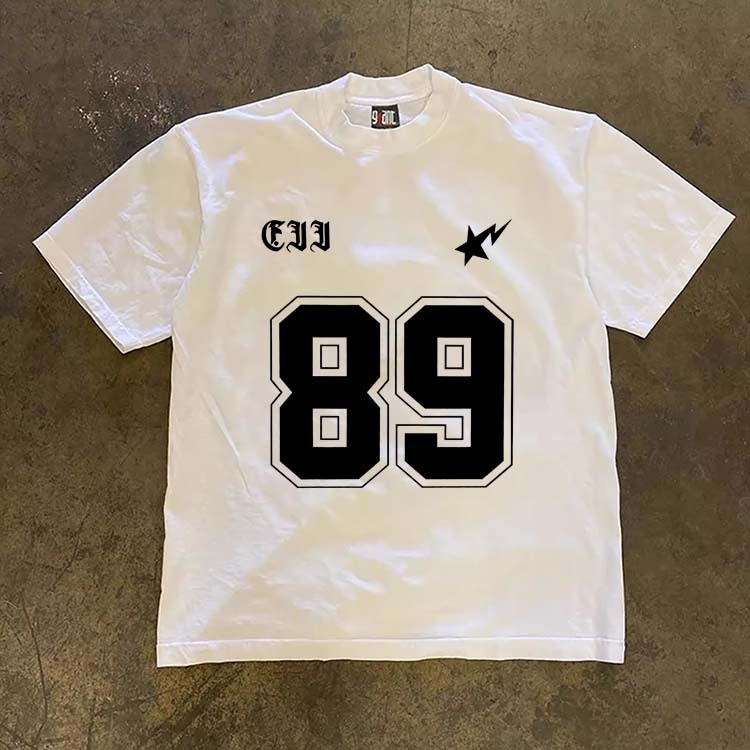JJ.STORE Motif kasual minimalis ala Korea dengan angka 89 Lengan pendek baju atasan wanita terbaru k