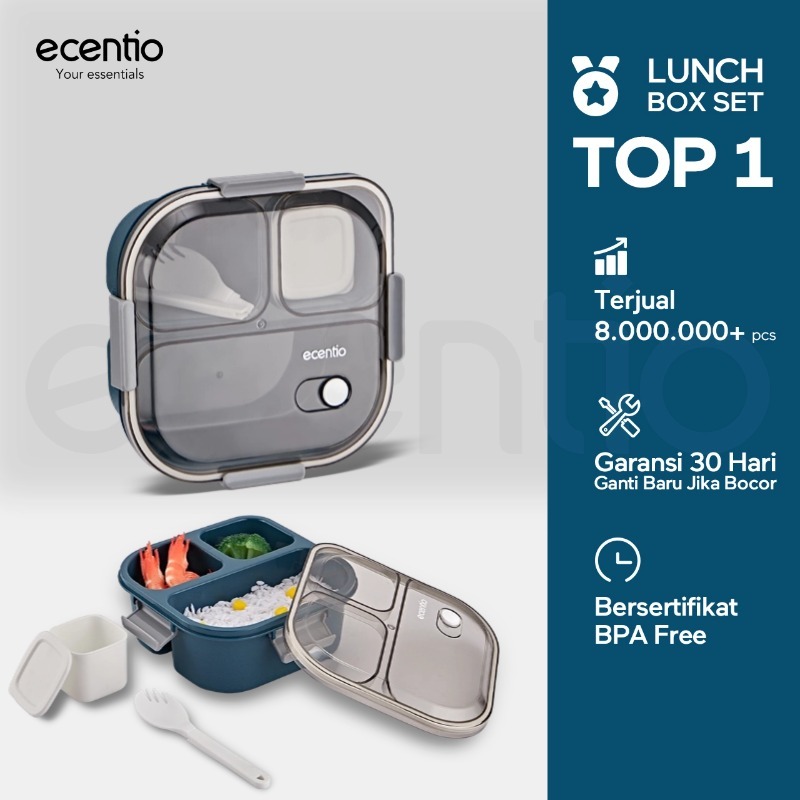 ecentio kotak makan anti tumpah lunch box 3 grid 1100ml tempat makan kotak sup 100ml Free Sendok lun