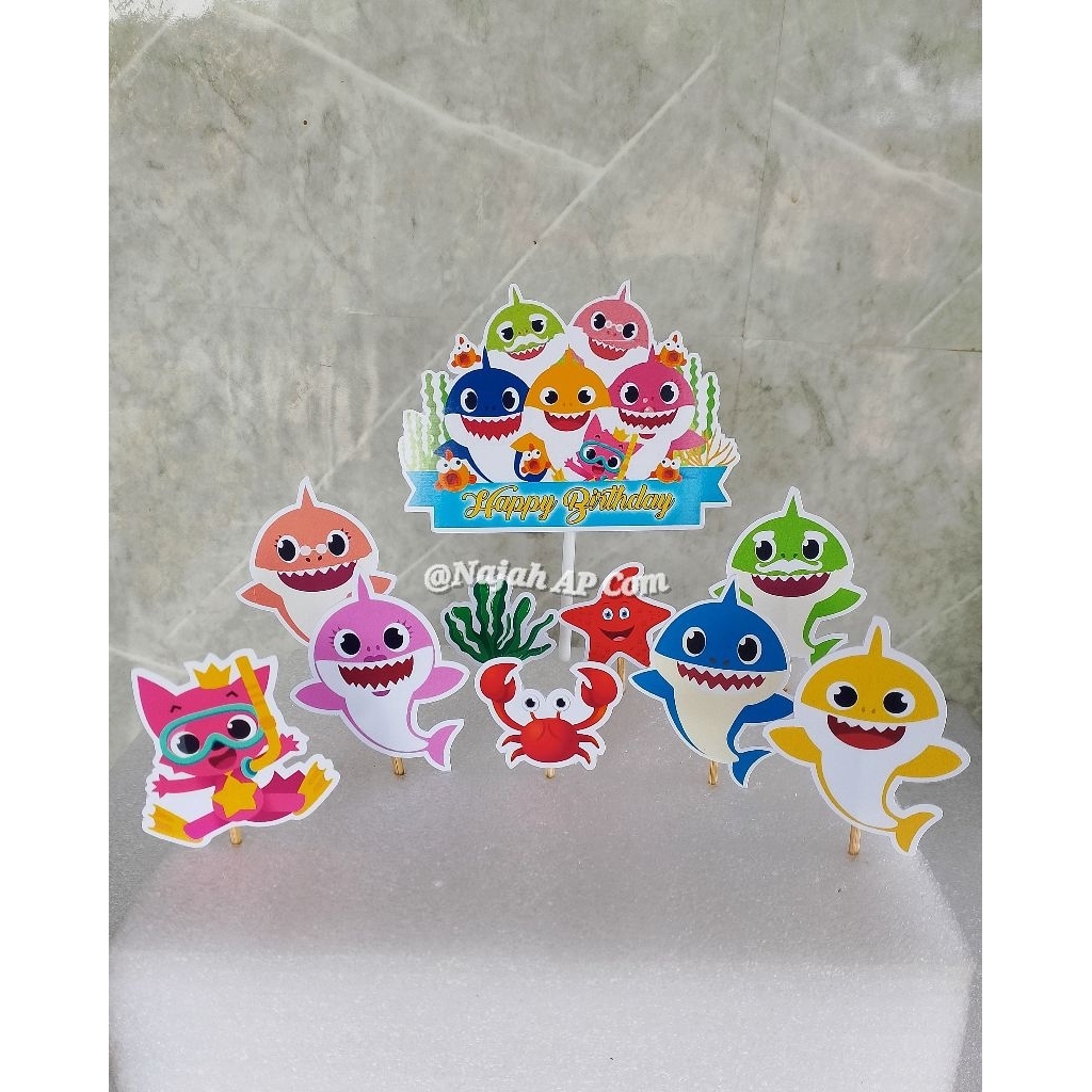 Topper Baby Shark / Topper cake karakter Baby Shark / Topper Happy Birthday / Topper kue Ulang Tahun