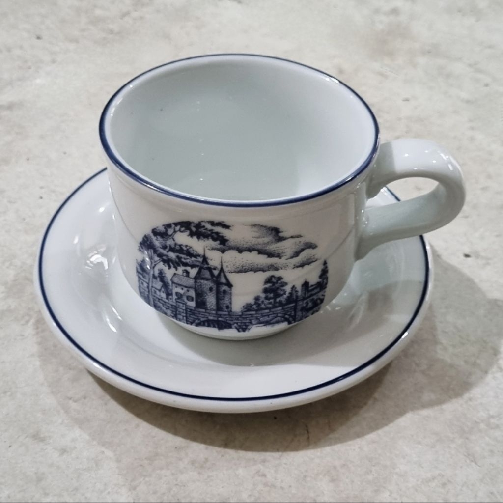 Set Cangkir Lepek Keramik Motif Castle Biru Classic Vintage European Style Cangkir Teh Keramik + Lep