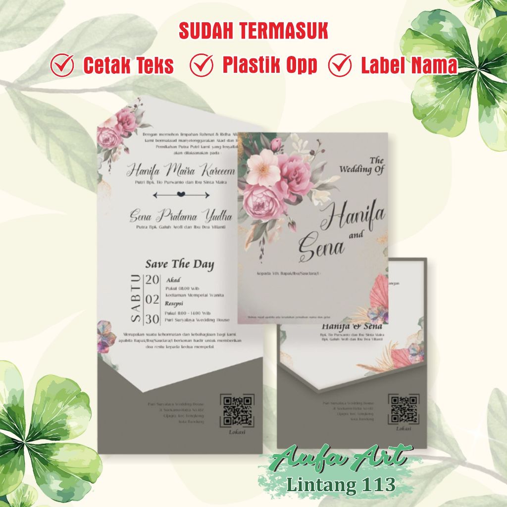Cetak Undangan Pernikahan Murah Vintage Unik Lipat 2 Warna Abu abu Lintang 113 Undangan Nikah, khita