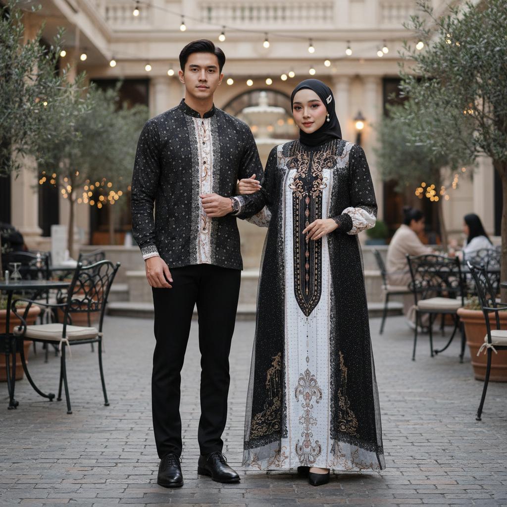 Sarimbit Keluarga Nasya Lebaran Series Set Couple Gamis Printing Kombinasi Tile & Koko Muslim Dewasa