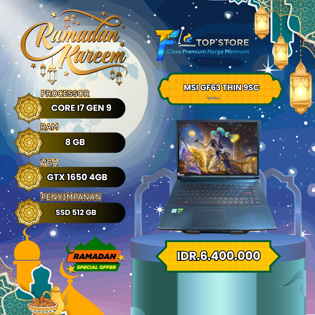 LAPTOP MSI THIN 95C INTEL CORE I7 GEN 9 SSD 512/8GB GTX 1650 4GB