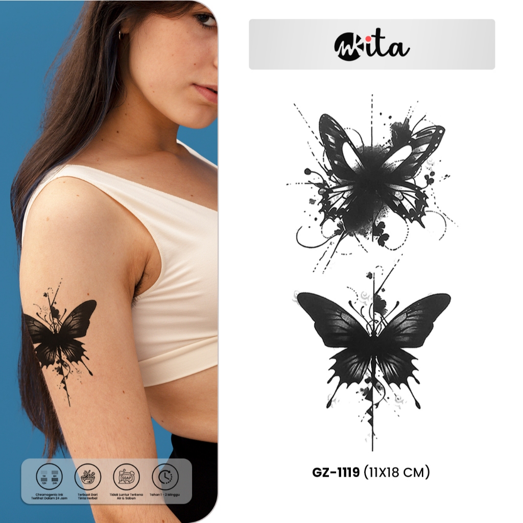 INKITA-Tato Temporer Sementara Semi Permanen Tattoo Butterfly Fruit Ink Tatto Kupu-Kupu Tatoo Tempor