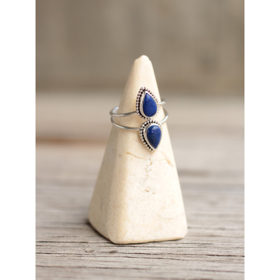 Cincin Perak 925 Lapis Lazuli Asli Double Teardrop September Birthstone - Frieda Moon