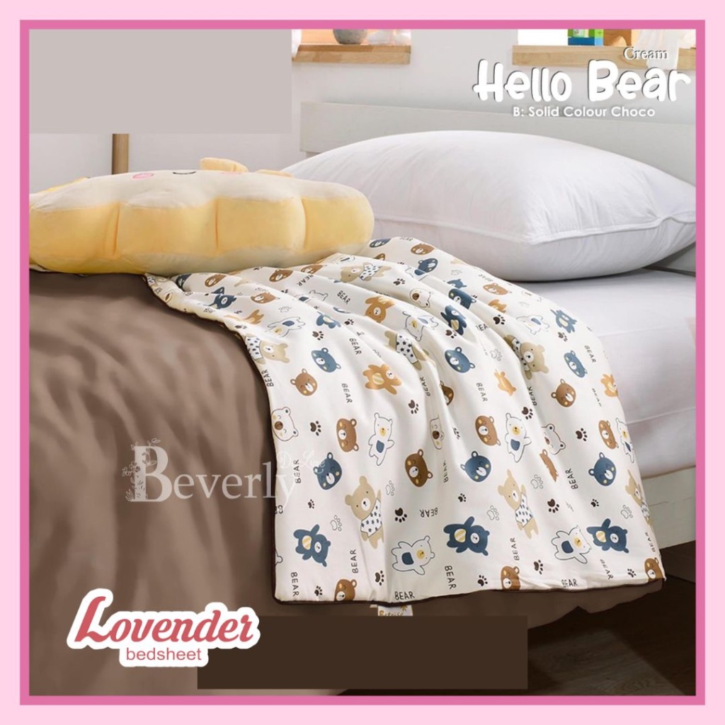 Sprei/Bedcover katun TAIWAN/CVC HALUS bevery hello bear teddy beruang biru blue brown coklat animal 