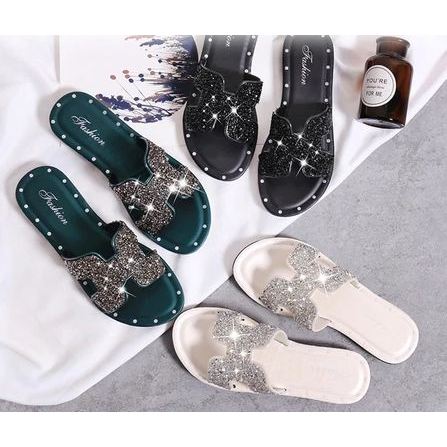 Sandal Wanita Sandal Slop Motif Manik-Manik Berkilau S2