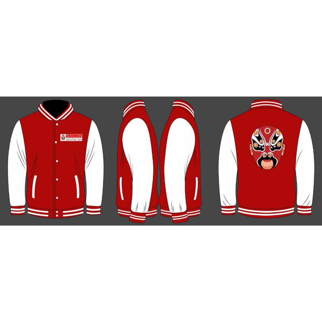 Jacket Varsity Fleece Mix Unisex Merah Tebal Lembut Full Furing