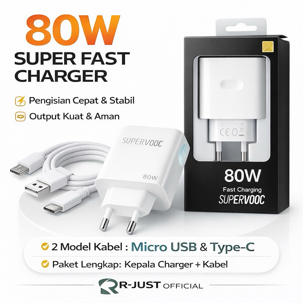 TRAVEL CHARGER MICRO TYPE C CAS HP 80W SUPPORT VOOC & FAST CHARGING CHARGER HP KUAT CAS ANDROID HP