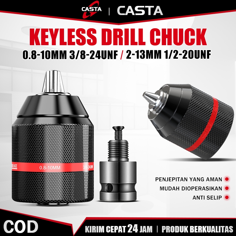 CASTA Chuck Bor Universal Tanpa Kunci 10mm & 13mm, Full Body Metal Shell Kuat, Pegangan Anti Selip, 