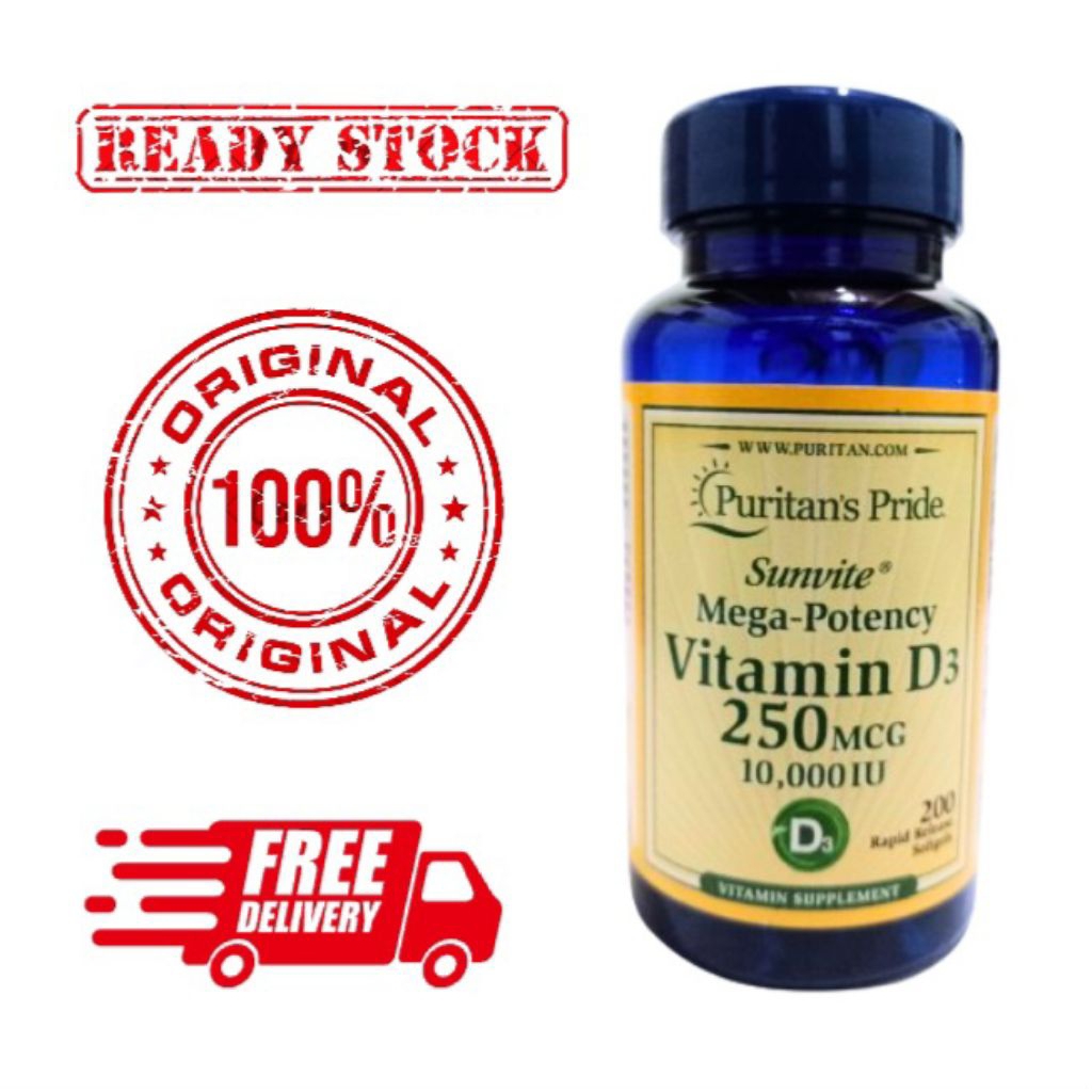 Puritans Pride Vitamin D3 250mcg 10.000IU Sunvite Mega Potency 100 200 Softgels