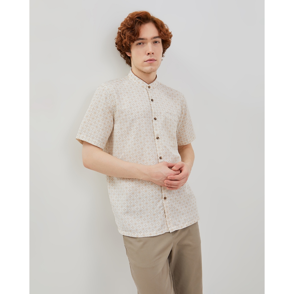 VALINO Kemeja Koko Lengan Pendek Motif Geometri Cream Pria - V-ECEB02-P1
