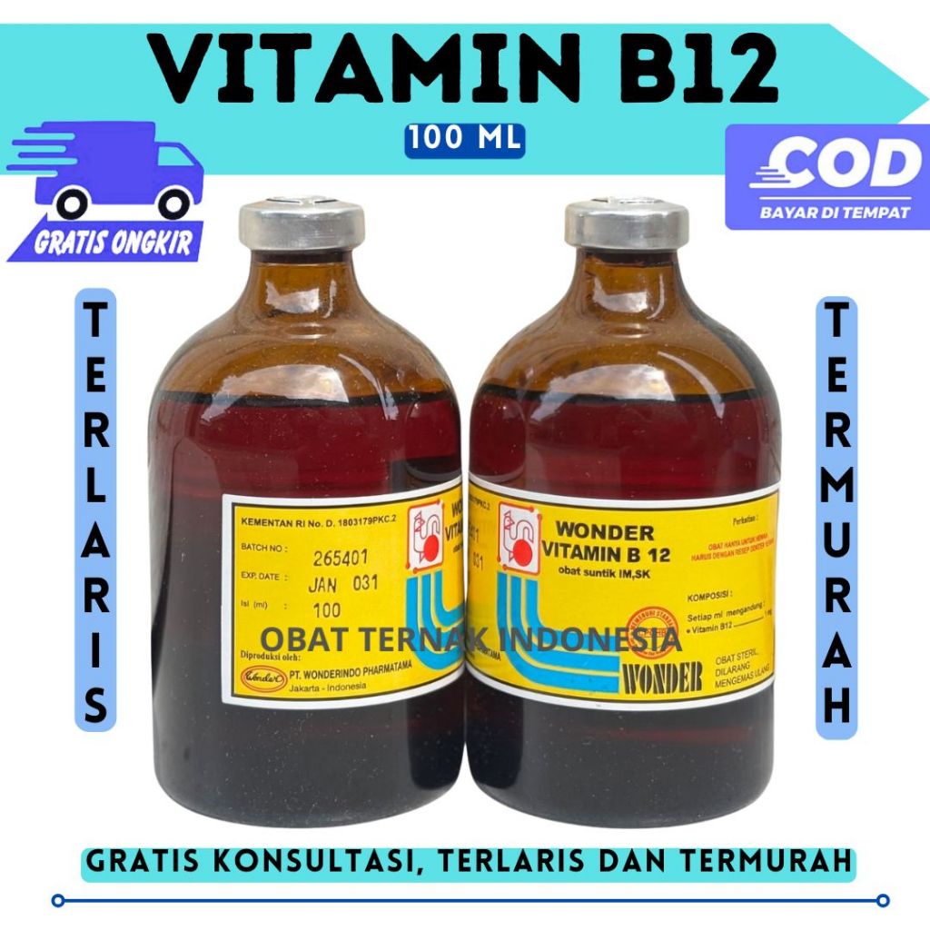 Wonder Vitamin B12 100 ML - Vitamin B12 Anemia & Gangguan Pertumbuhan Hewan Ternak