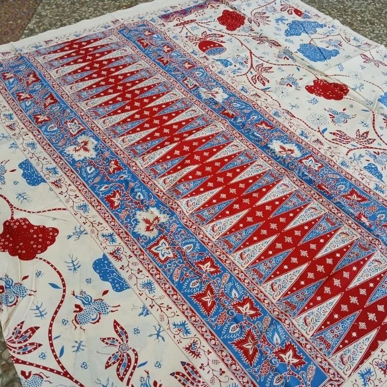 (ORIGINAL) KAIN BATIK SOLO ENCIM MERAH BUNGA TERATAI MERAH BIRU