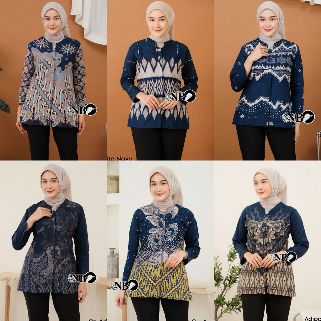 (NusaBatik) ATASAN BAJU BATIK WANITA SPESIAL WARNA BIRU/NAVY BAJU BATIK KANTOR WANITA BATIK NEW BLUS
