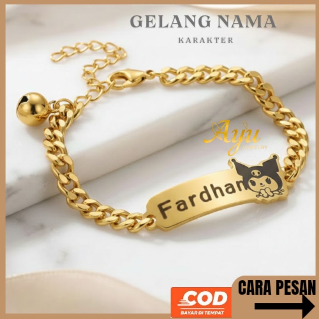 Gelang Nama Anak Karakter Kuromi Gelang Titanium Laser Lapis Emas