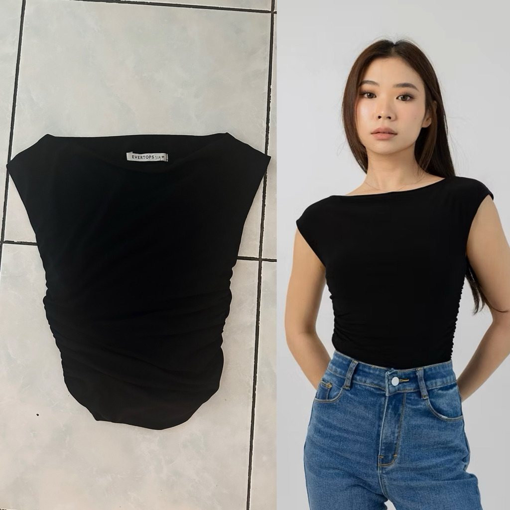 preloved evertops mina ruched top boat neck black size s