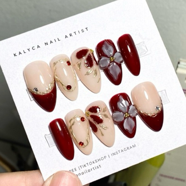 Maroon 3D Flower Nails | Press On Nails | Fake Nails | Kuku Palsu