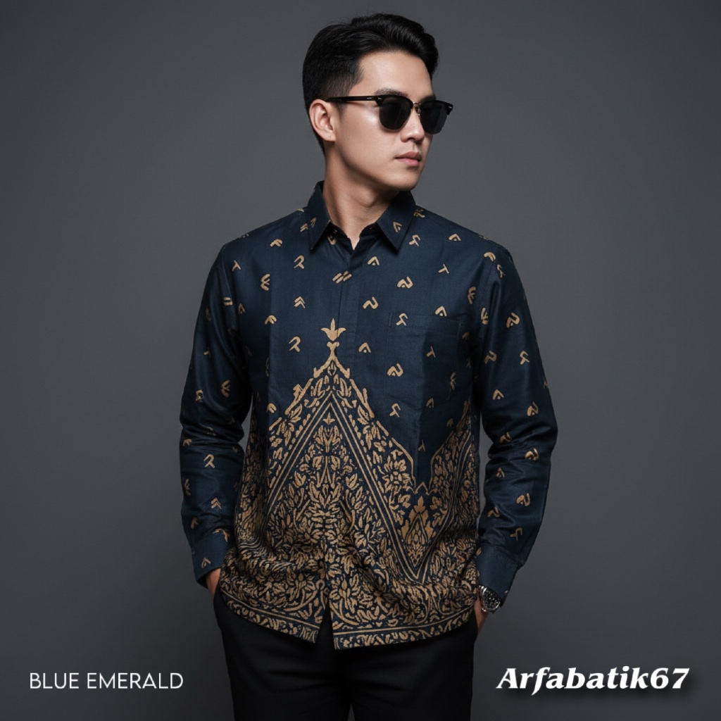 MAKASSAR BLUE EMERALD Kemeja batik pria lengan panjang dan lengan pendek katun pria premium lapis fu