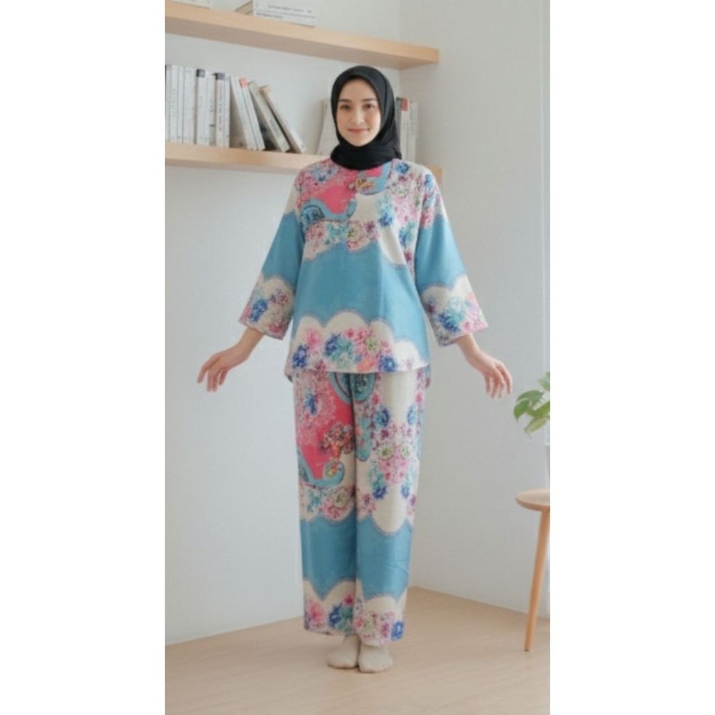 Setelan Piyama Wanita Motif  Baju & Celana Panjang Santai Adem