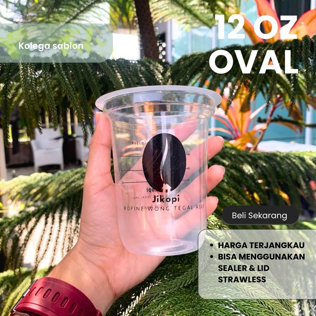 Sablon Cup Gelas Plastik 12oz Oval, Gelas Cup Es, Cup Plastik Murah