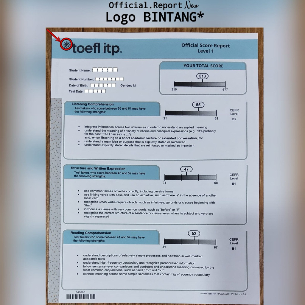 LOGO BINTANG TOEFL ETS OFIICIAL SCORE REPORT BIMBIGAN TOEFL ITP
