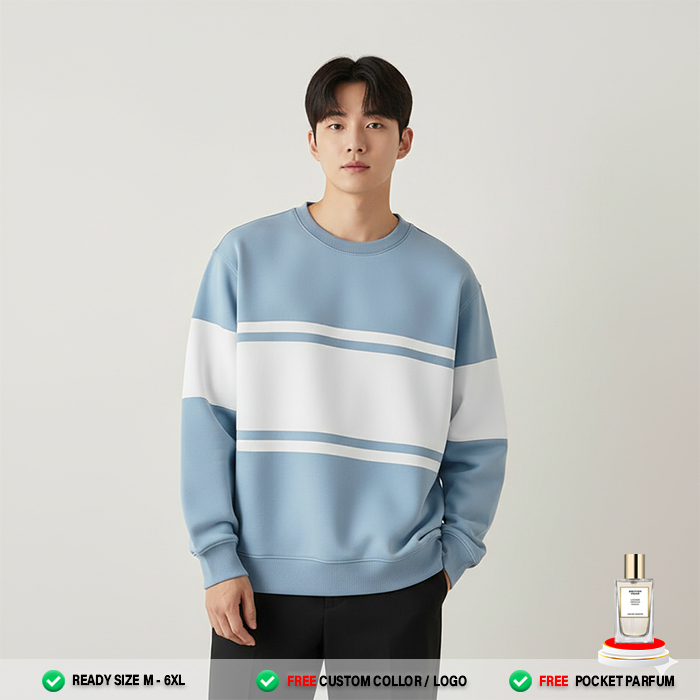 Sweater Pria Wanita ( BABY BLUE PUTIH ) Stripe Crewneck | Sweater Polos Casual Lengan Panjang Premiu