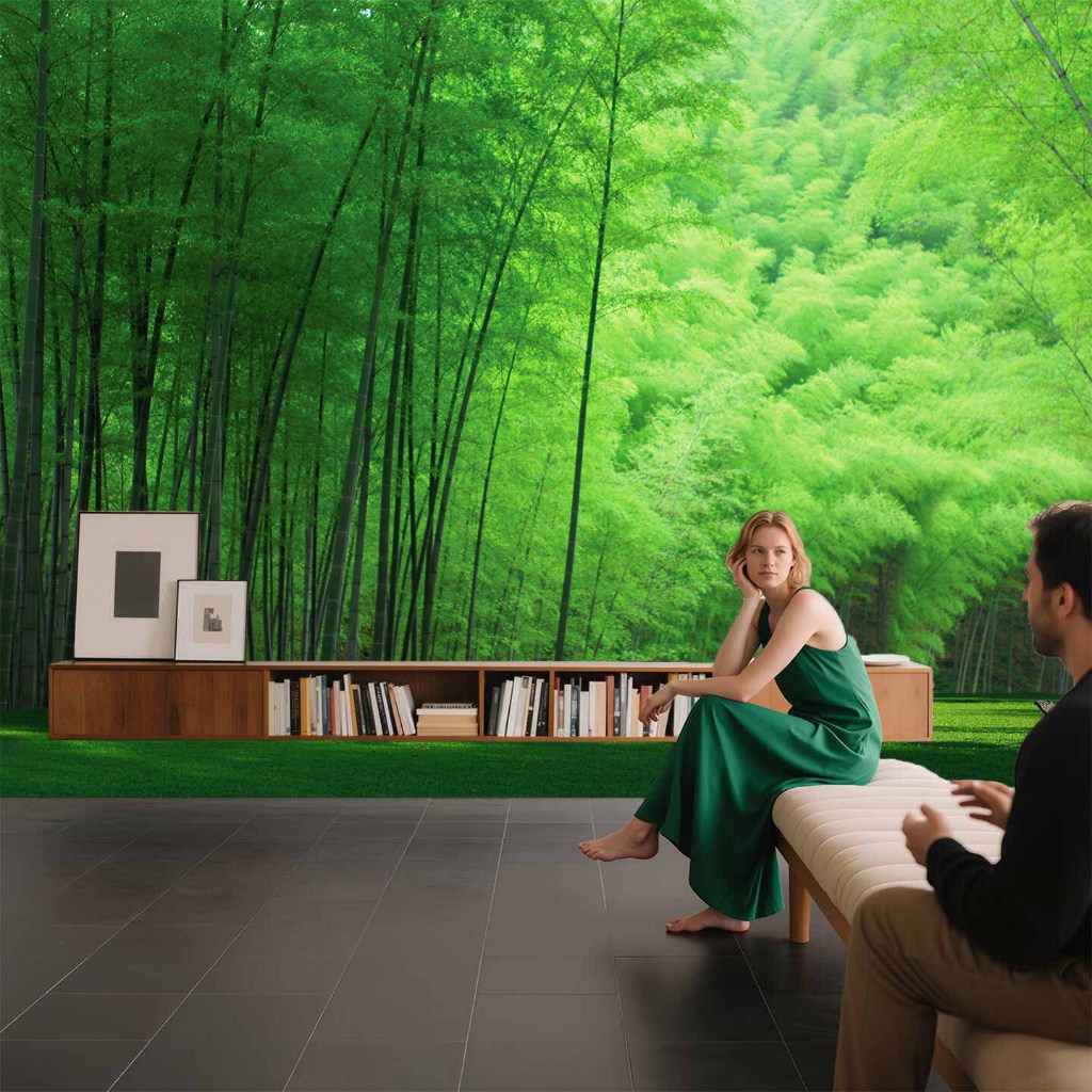Background Kain Latar Belakang Mural Pemandangan Hutan Bambu Hijau 3D untuk Ruang Tamu, Sofa, Wallpa