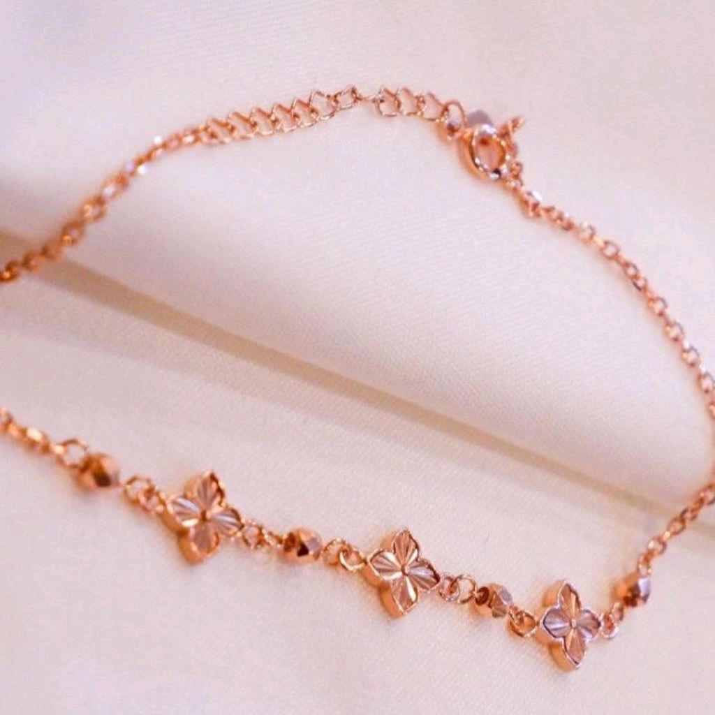 Gelang Rantai Clover Ukir Polos Rose Gold - Asli Perak 925 - Lapis Emas 18K - Gelang Fashion Wanita