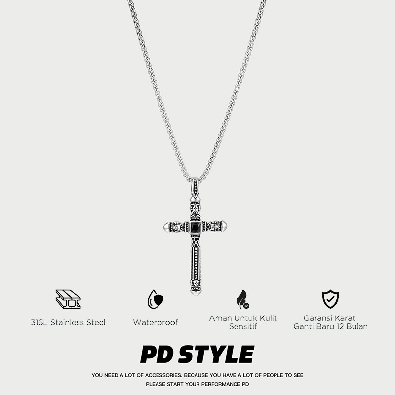 PD STYLE-Kalung salib hitam pria, bertatahkan batu permata hitam, gaya dasar yang serbaguna, barang 