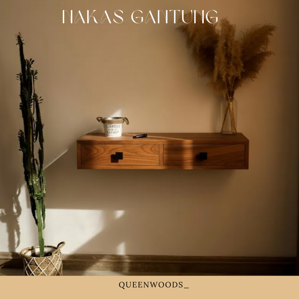 Nakas Gantung Floating Kayu Jati Asli Cabinet Console 2 Laci Serbaguna